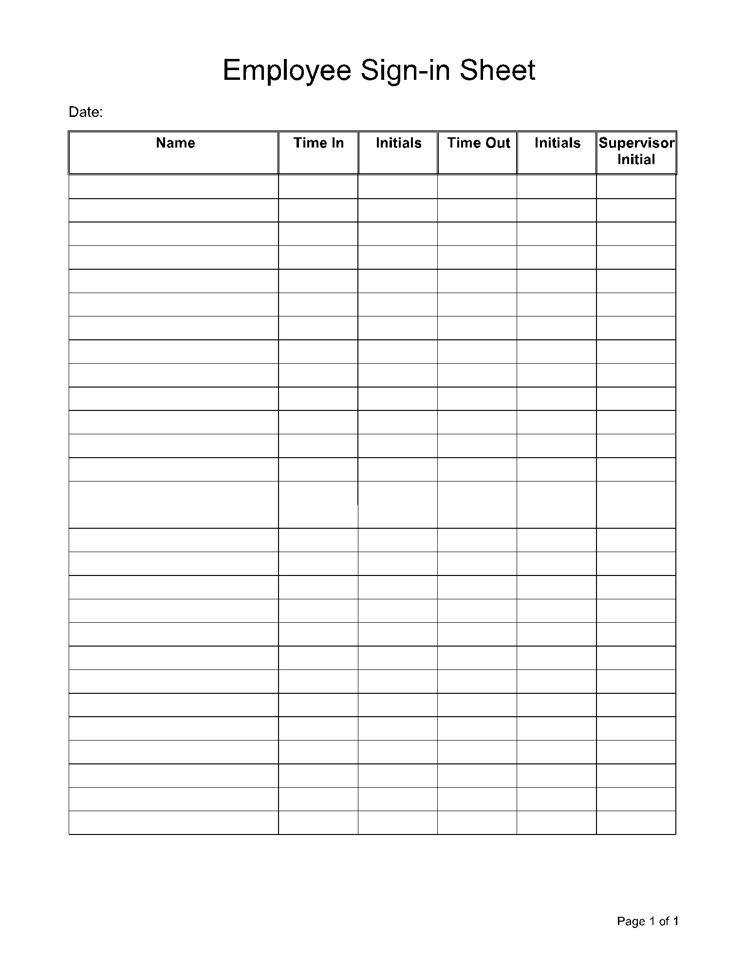 Sign in Sheet Template for Employee