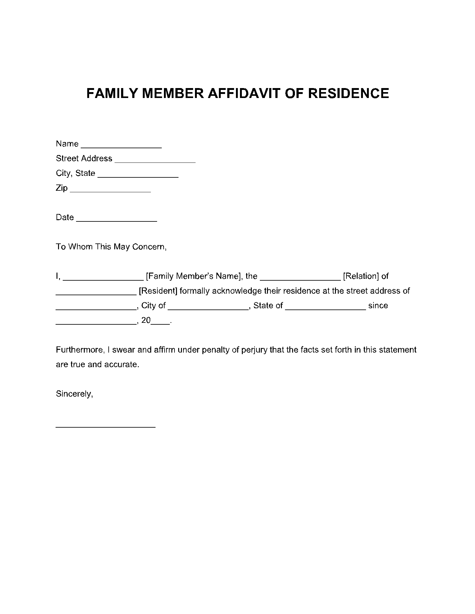 Family Member Proof of Residency Letter