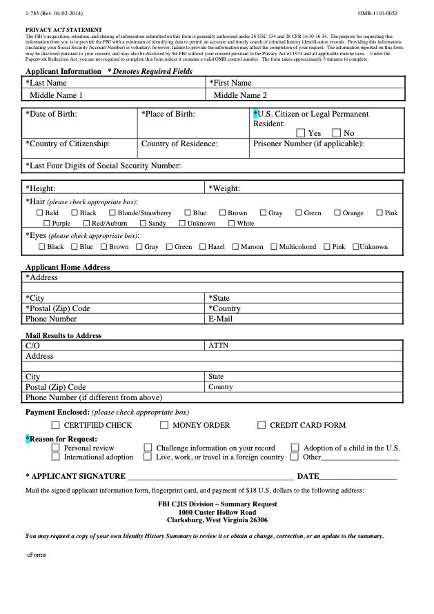 Federal Background Check Forms (FBI)