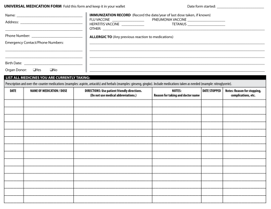 Universal Medication Form Printable Printable Forms Free Online