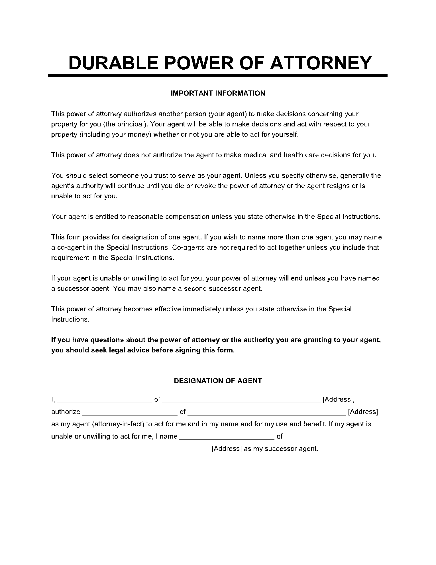 Georgia Durable (Statutory) Power of Attorney Form