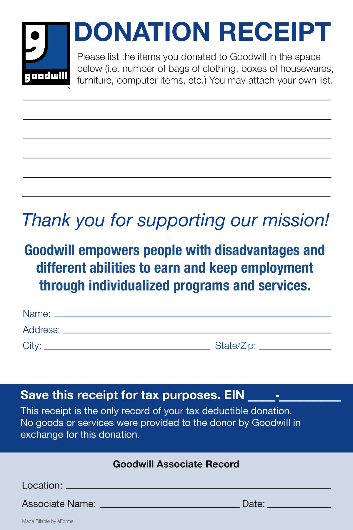 Goodwill Donation Receipt Forms