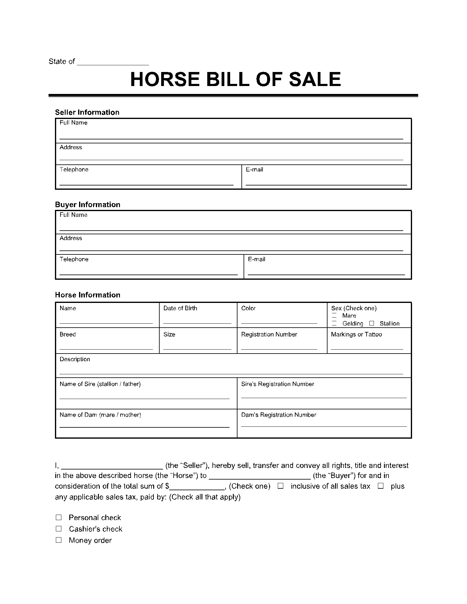 Horse (Equine) Bill of Sale Form