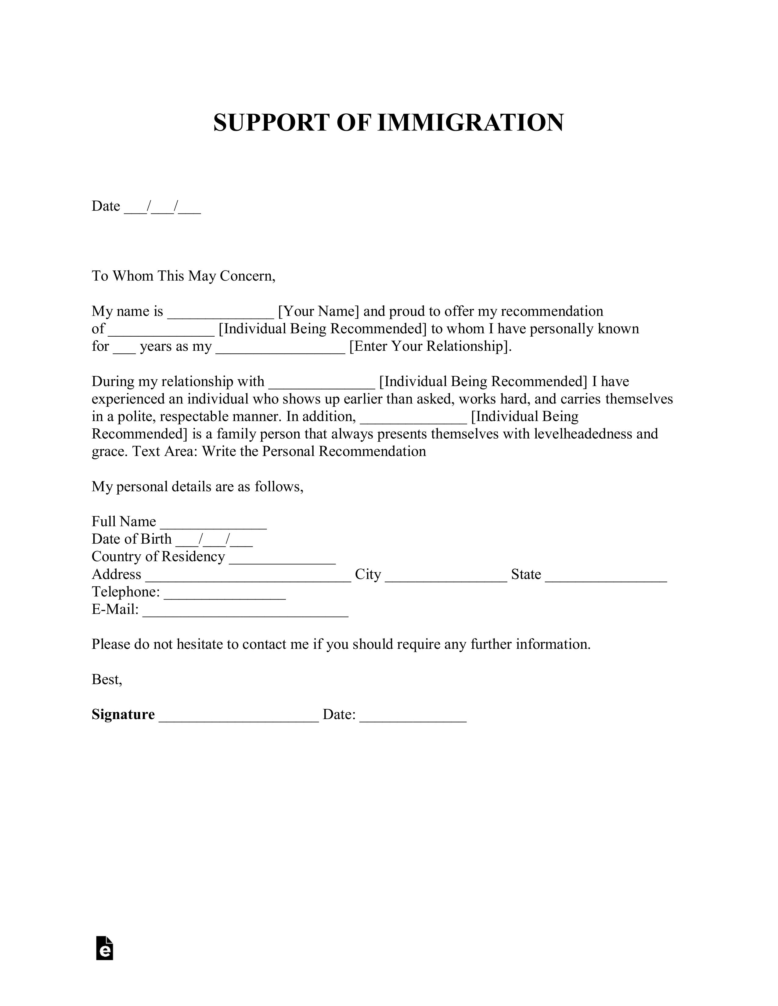 Letter of Recommendation for Immigration
