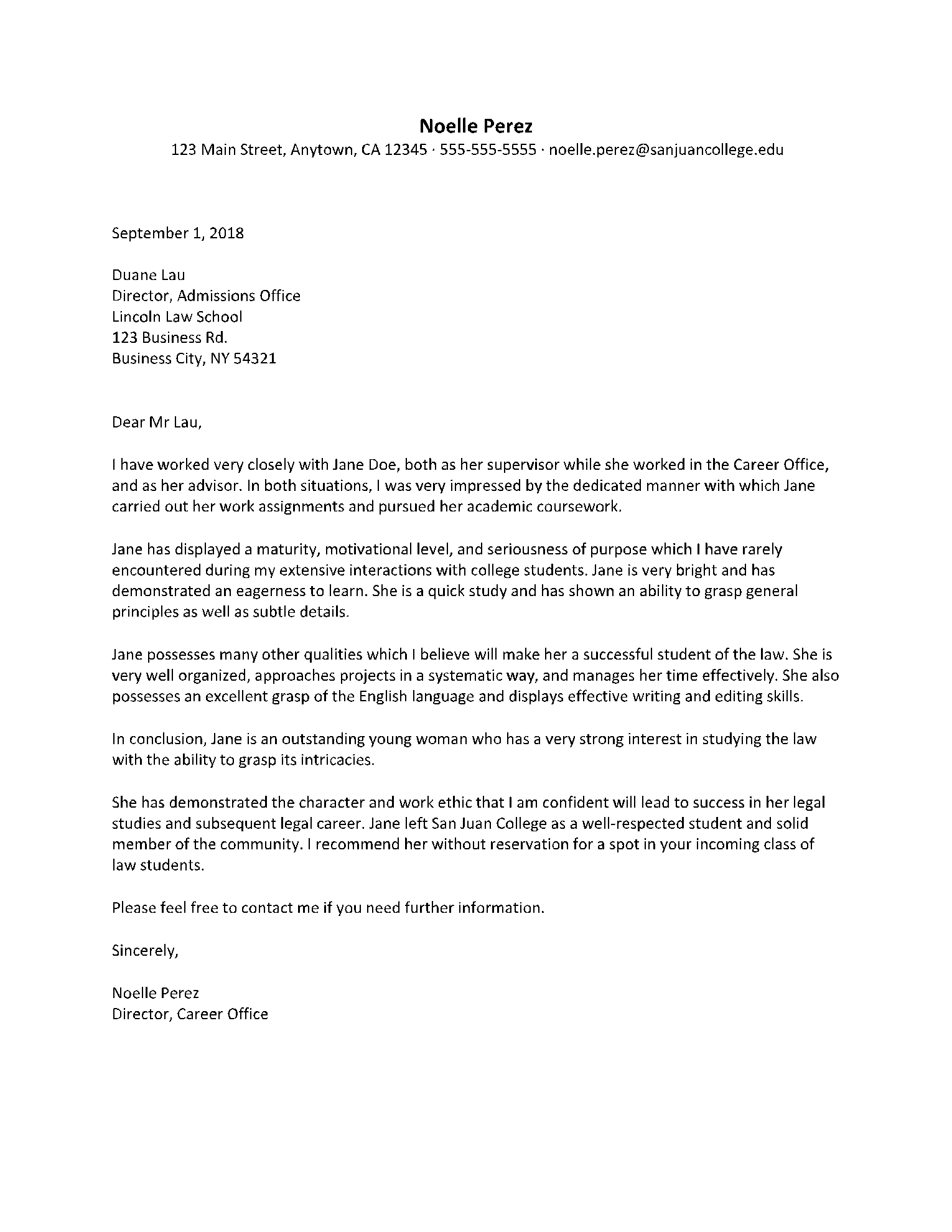 Letter of Recommendation for Law School