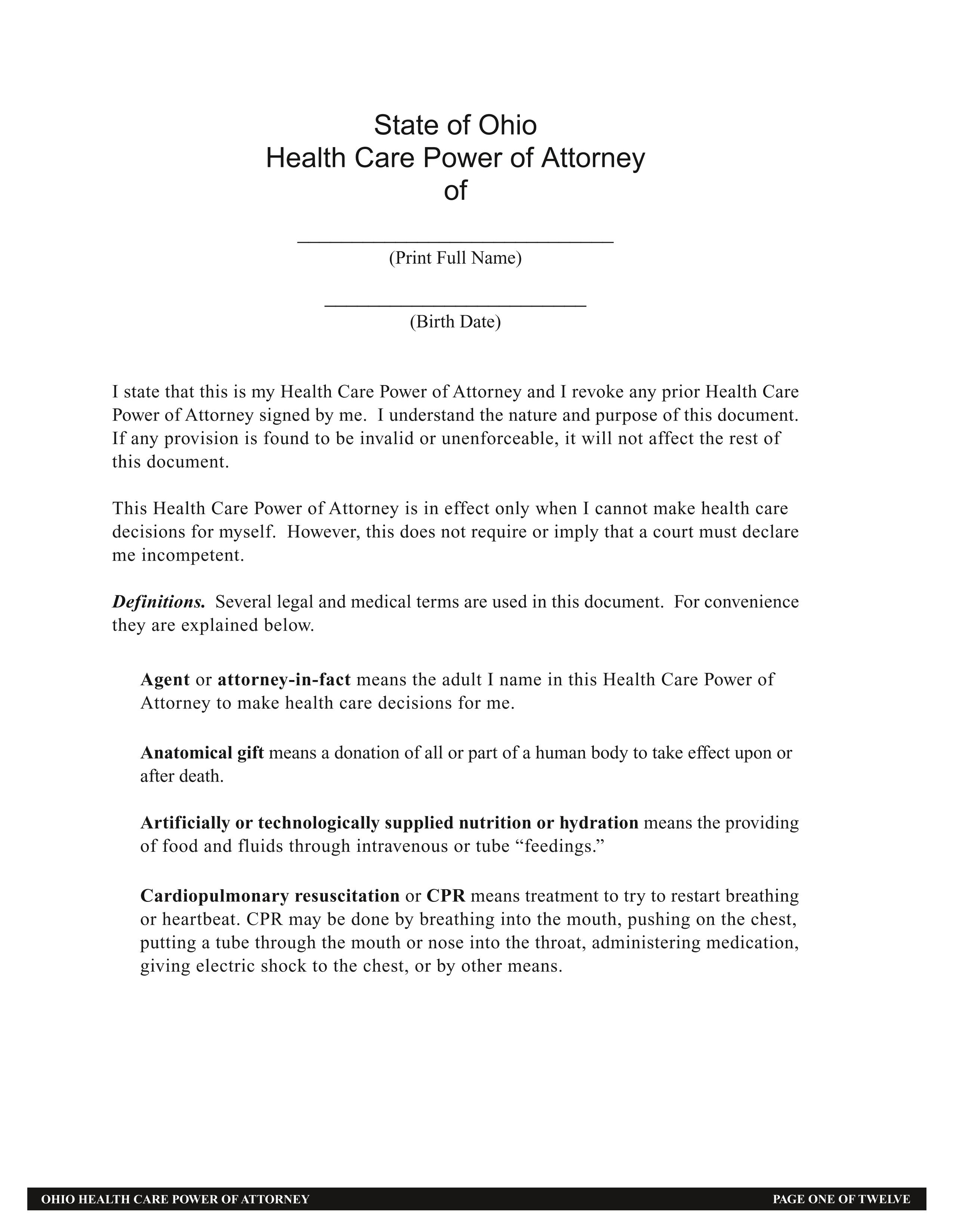 Ohio Durable Power of Attorney for Health Care