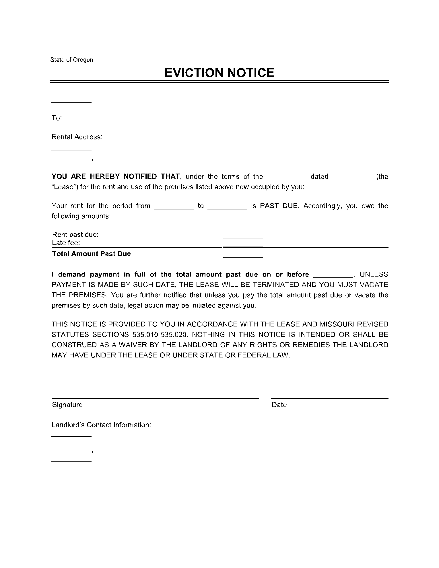 Oregon Eviction Notice Form