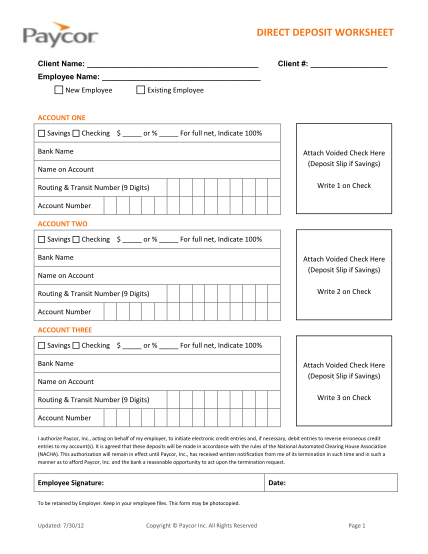 Paycor Direct Deposit Form