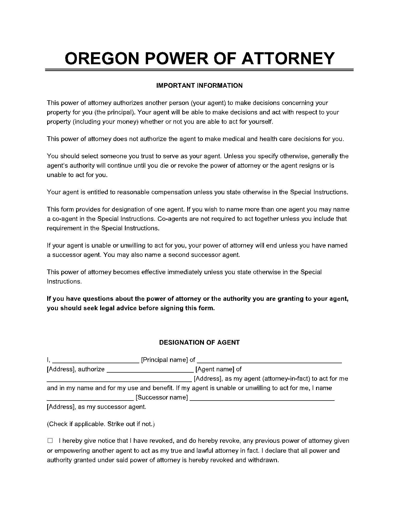 Oregon Power of Attorney Form