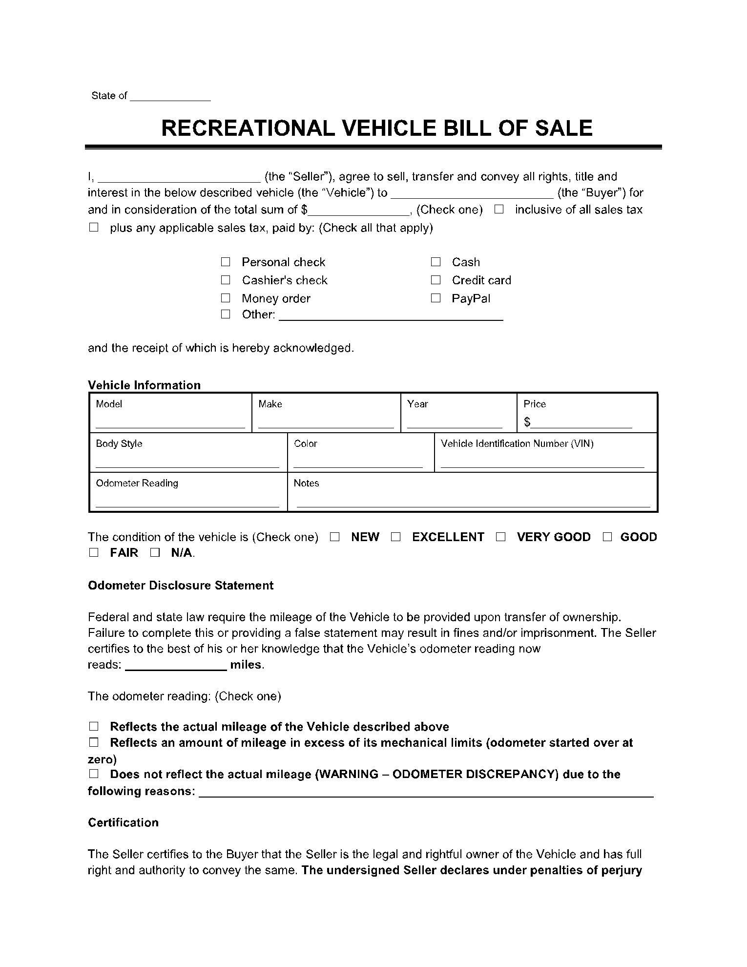 Recreational Vehicle (RV) Bill of Sale Form