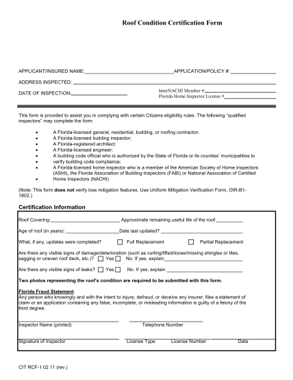 roof certification form template