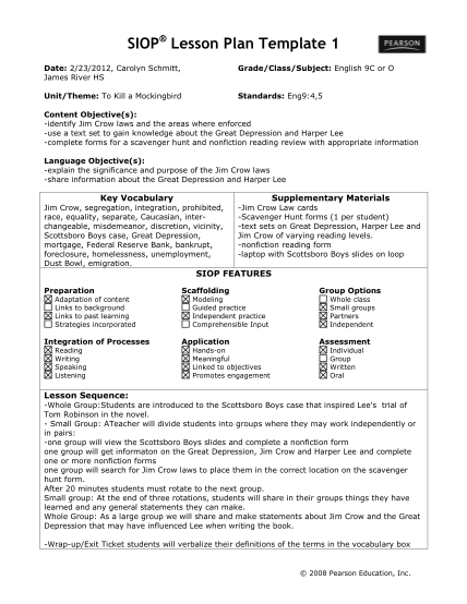 Siop Lesson Plan Template 3 Word Document