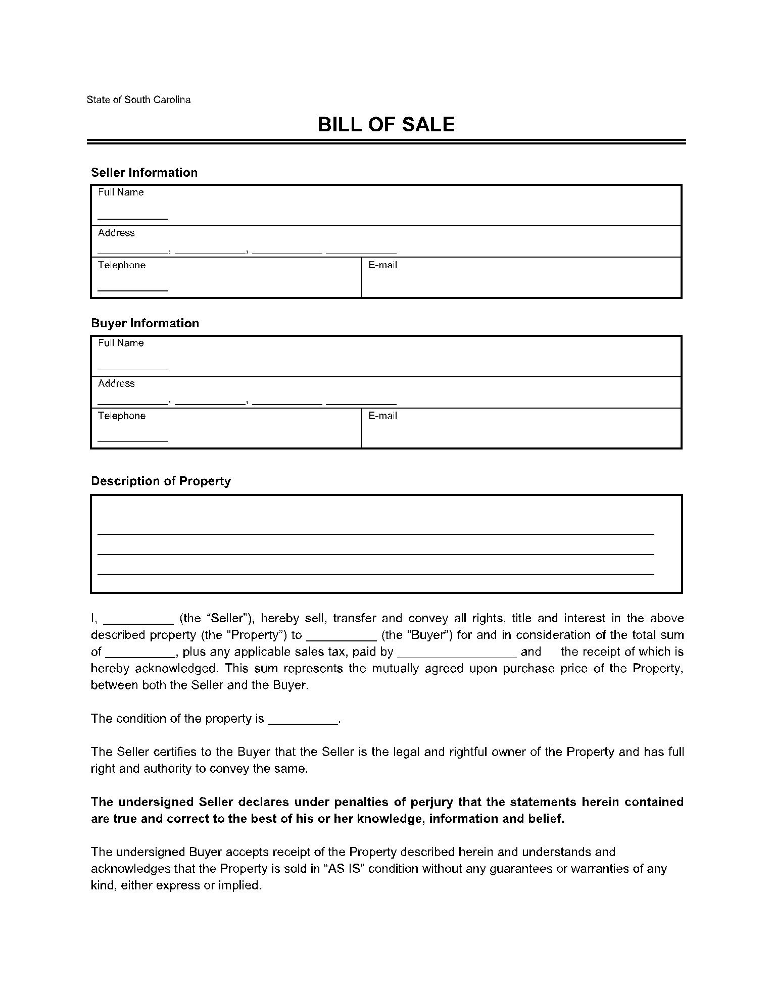 Bill of Sale Forms in South Carolina