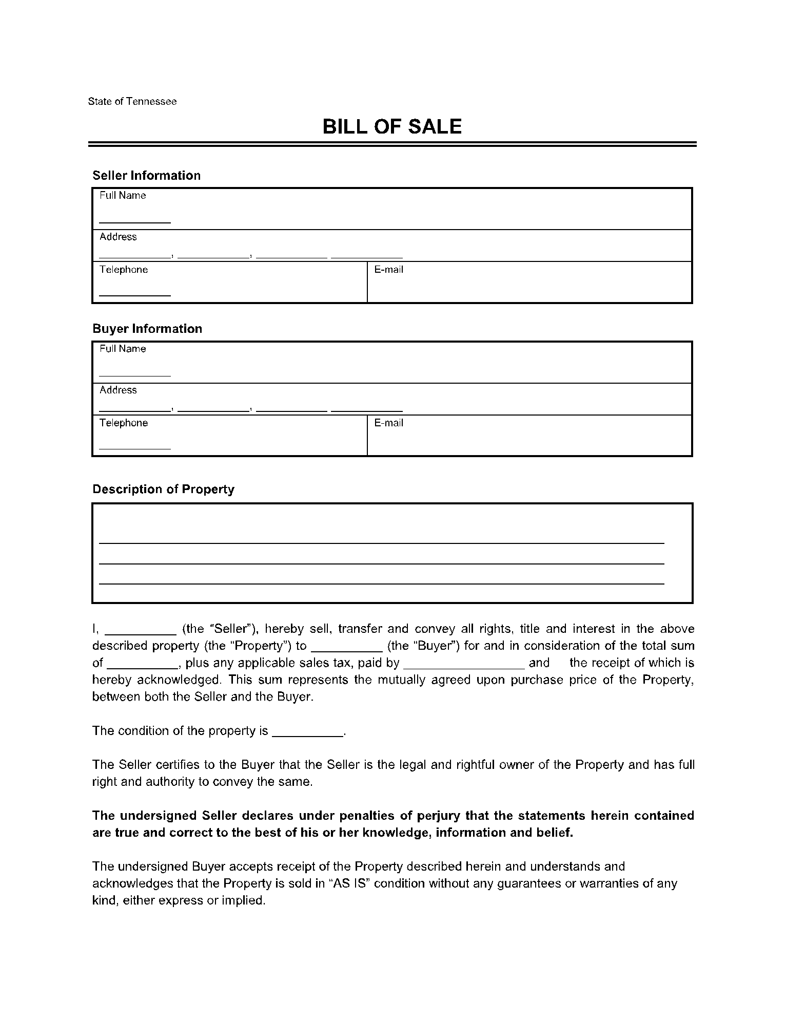 Bill of Sale Tennessee Forms