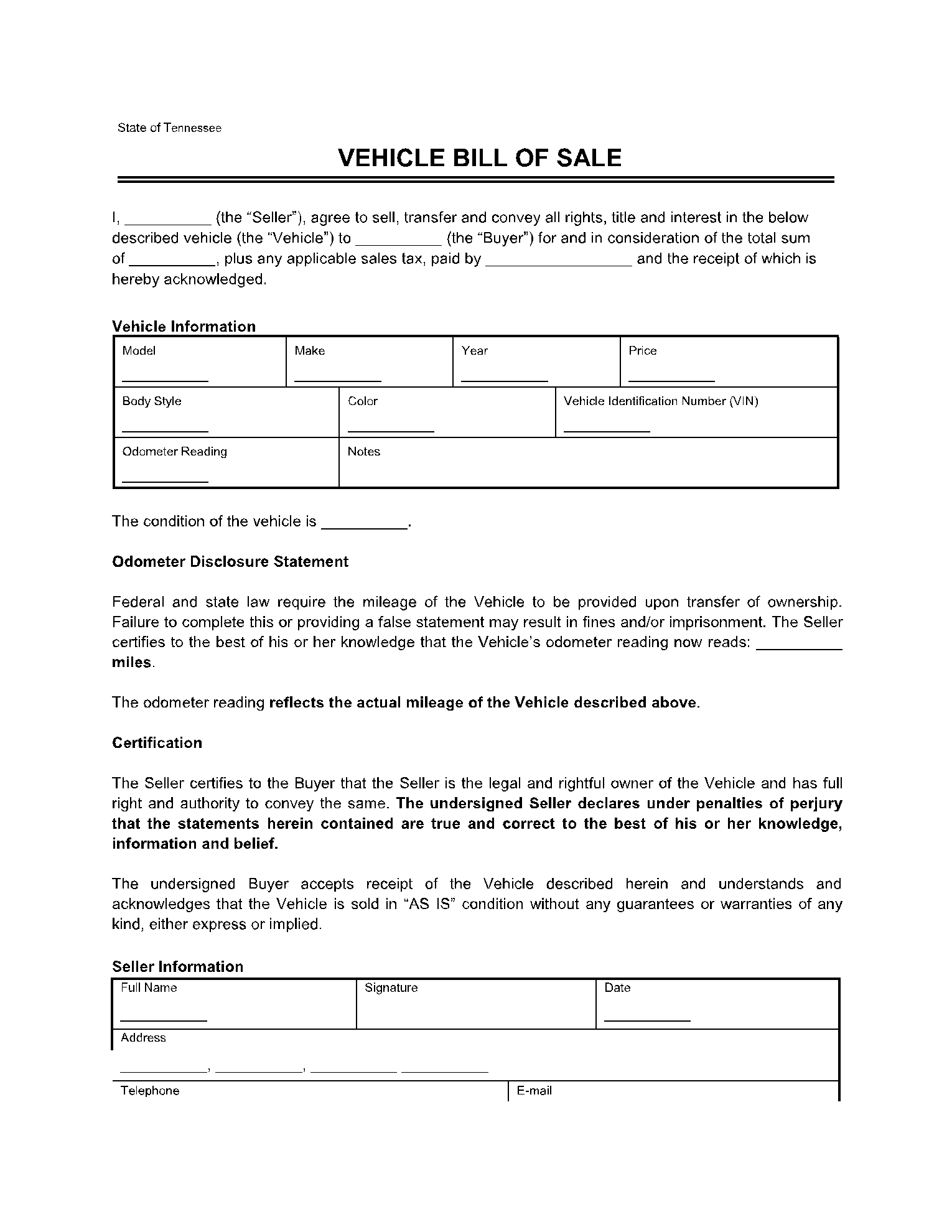 Vehicle Bill of Sale Tennessee Forms