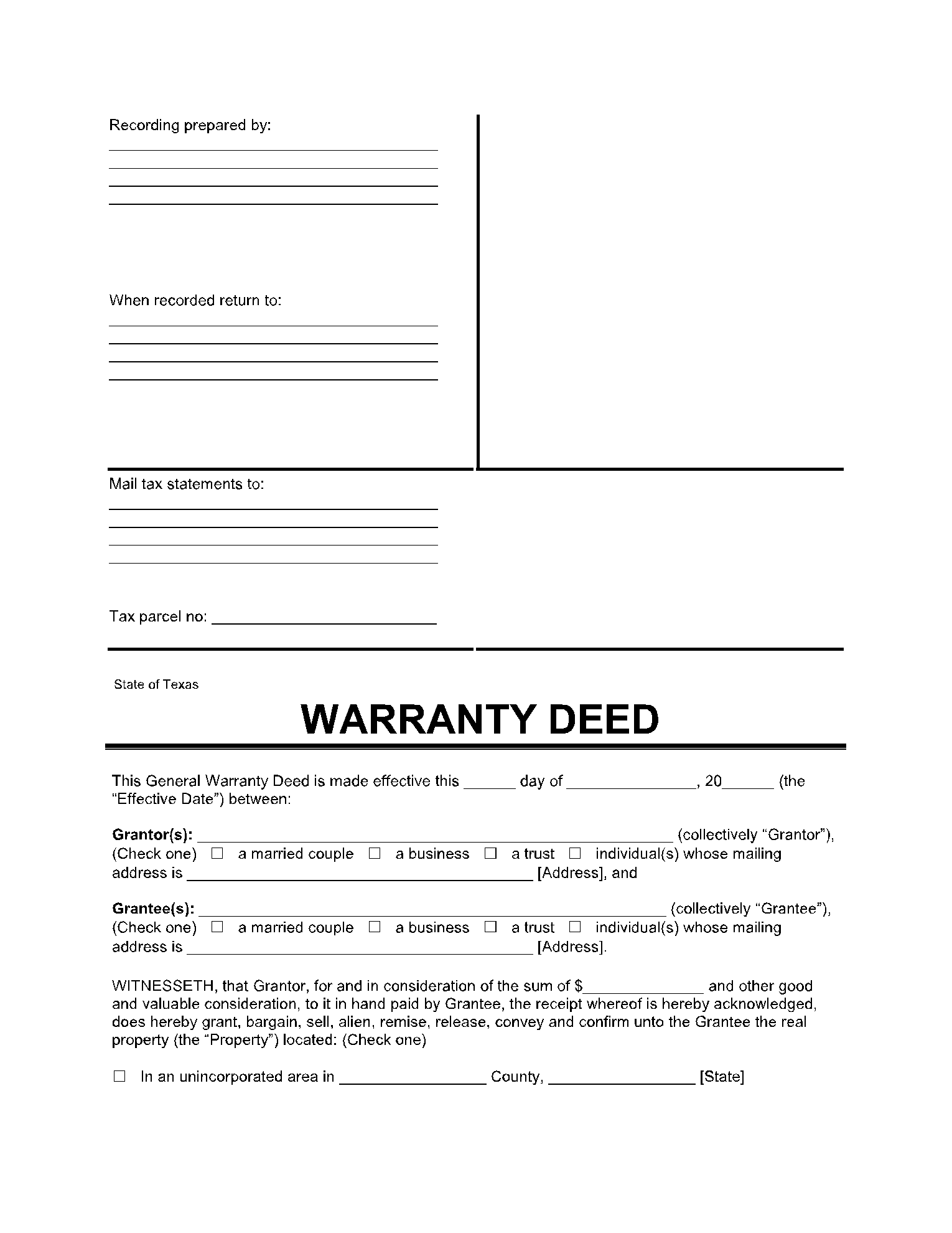 Templates of Warranty Deeds Texas
