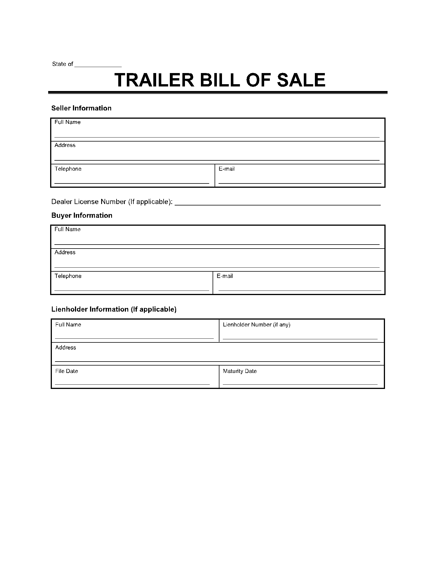 Trailer Bill of Sale Form