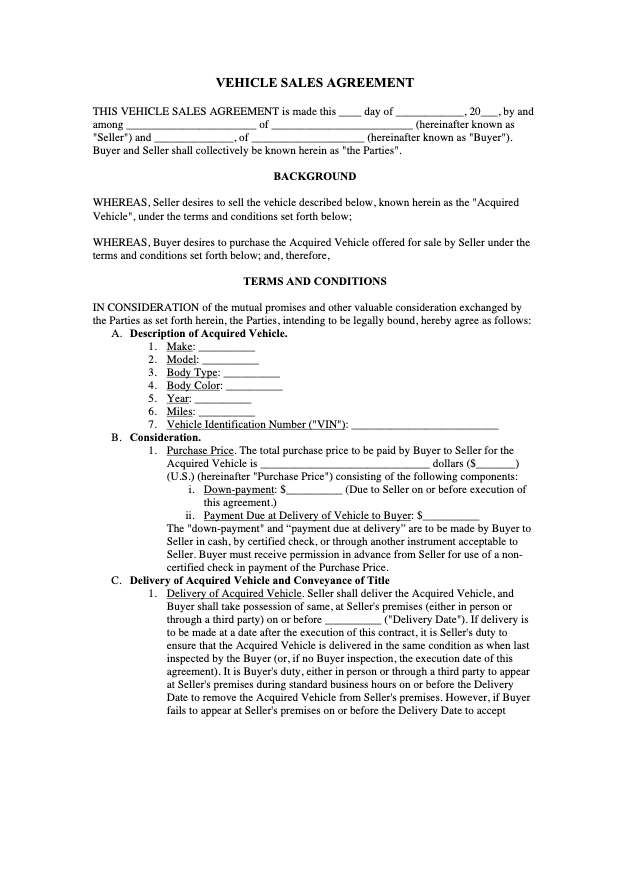 Vehicle Purchase Agreement Template