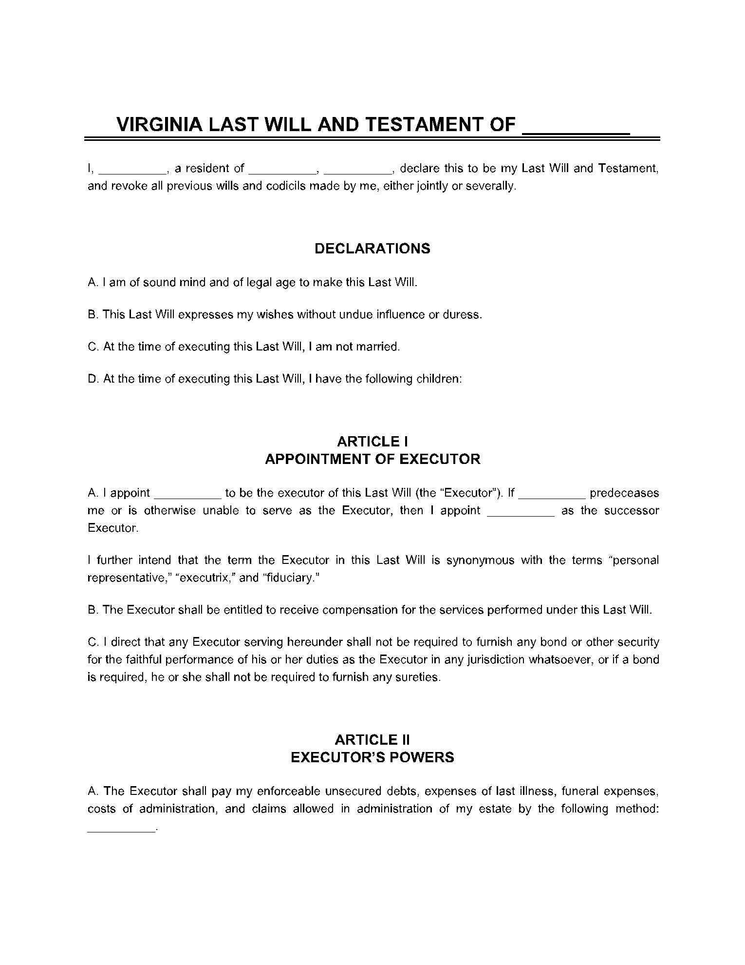 Virginia Last Will and Testament Template