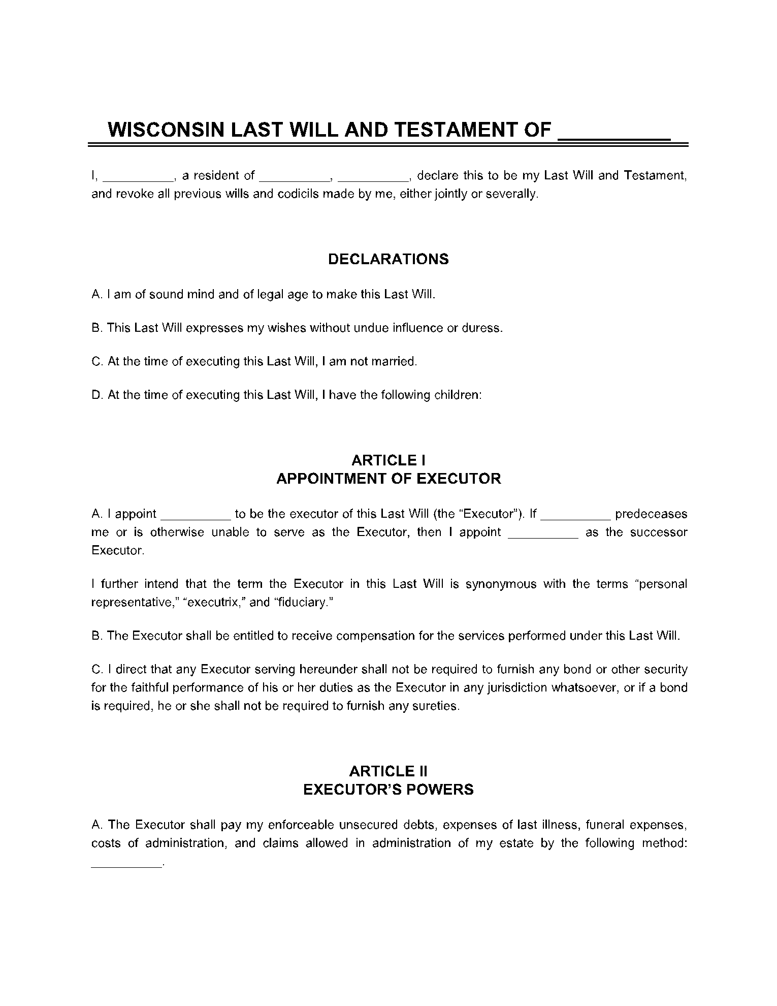 Wisconsin Last Will and Testament Templates