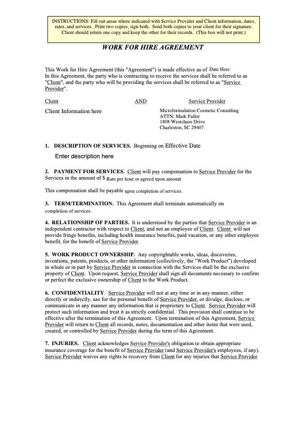 Work for Hire Agreements Template