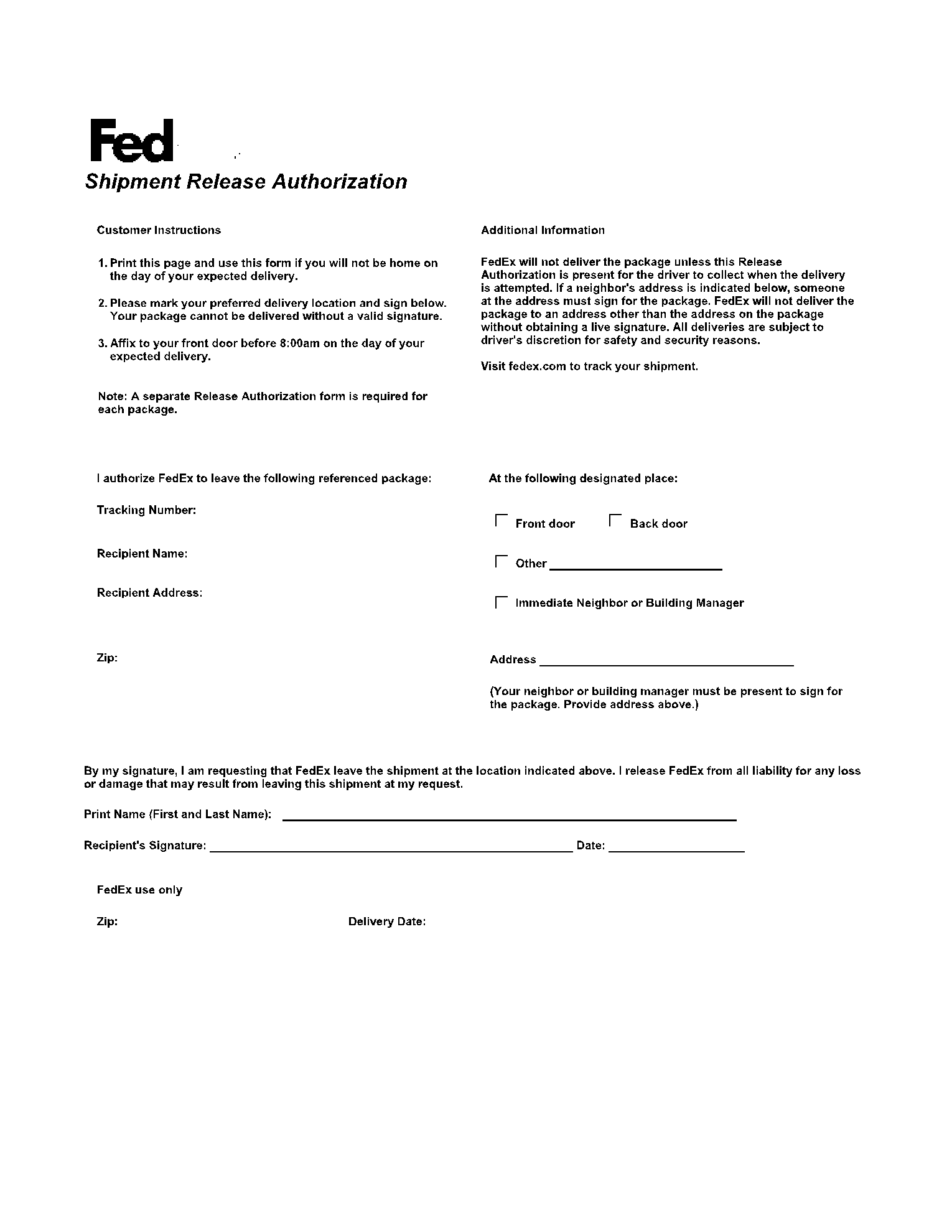 FedEx Door Tag Release Form: Fill & Download the PDF Online